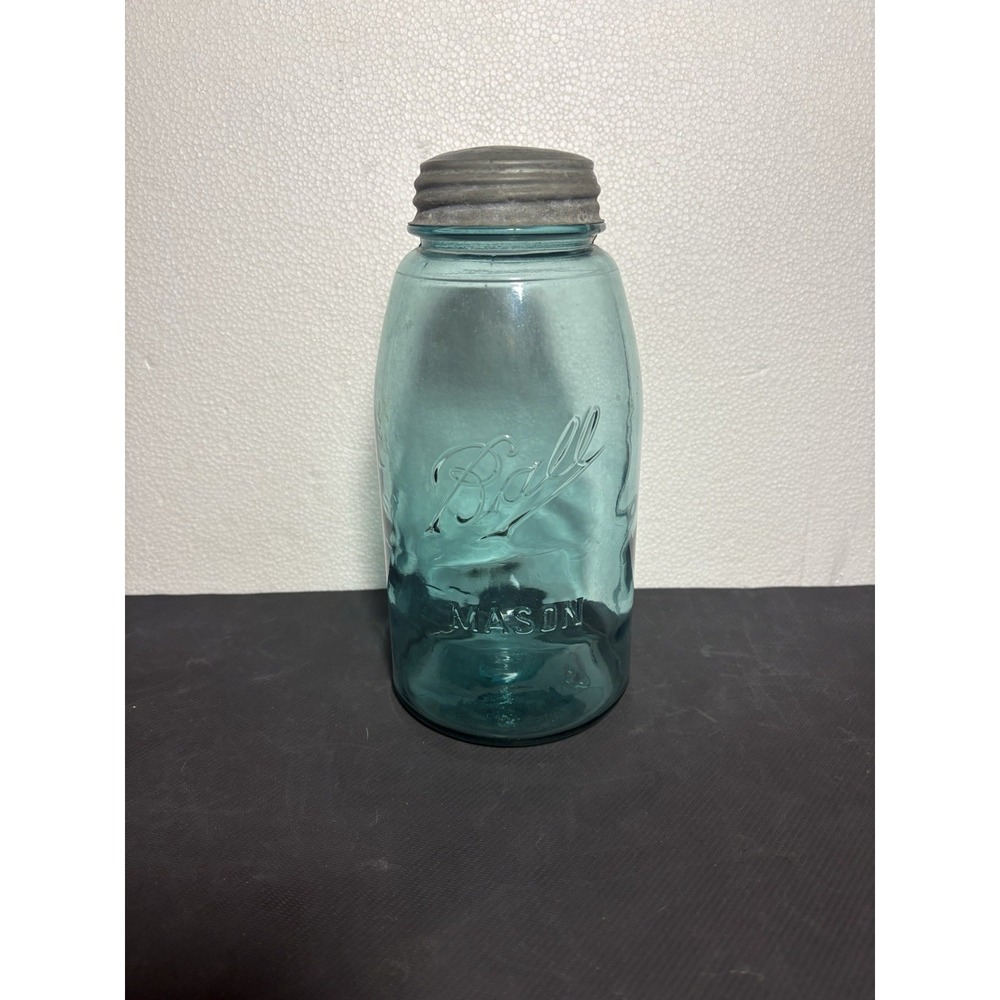 Ball Mason Round Shoulder Blue Quart Fruit Jar Neck Seal Vintage Glass Collectib